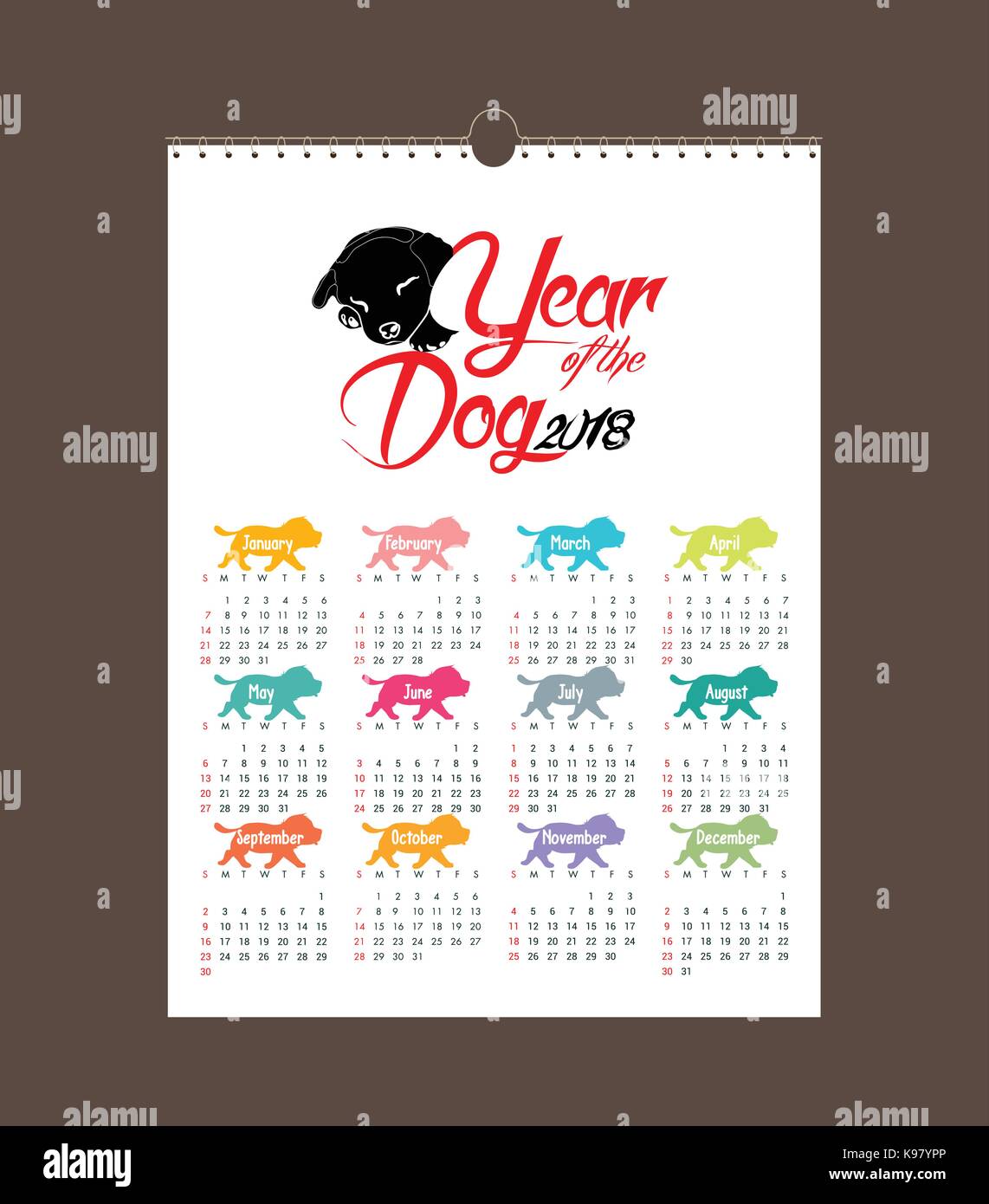 2018 Calendrier design. Nouvel an chinois, l'année du chien zodiac cartes mensuelles des modèles. ensemble de 12 mois Illustration de Vecteur