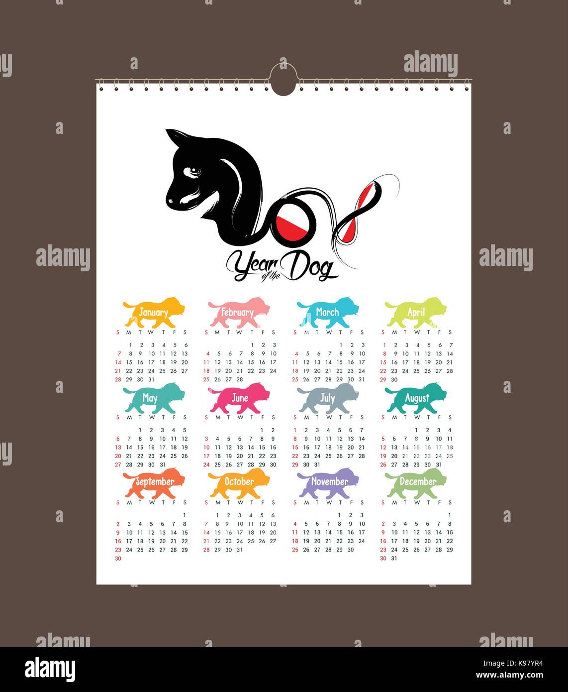 2018 Calendrier design. Nouvel an chinois, l'année du chien zodiac cartes mensuelles des modèles. ensemble de 12 mois Illustration de Vecteur