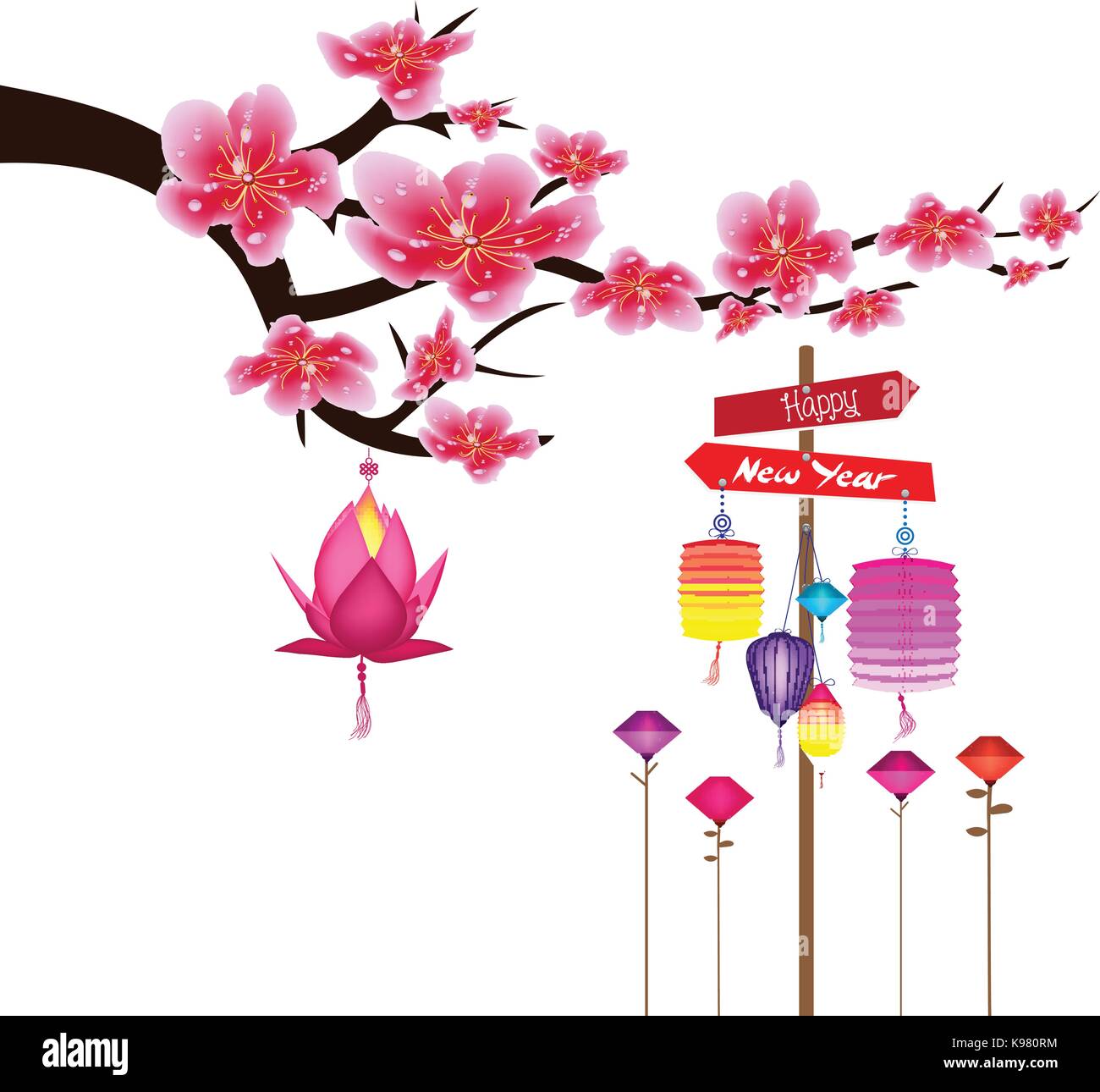 Sakura flowers background. cherry blossom et isolé lanterne fond blanc nouvel an chinois. Illustration de Vecteur