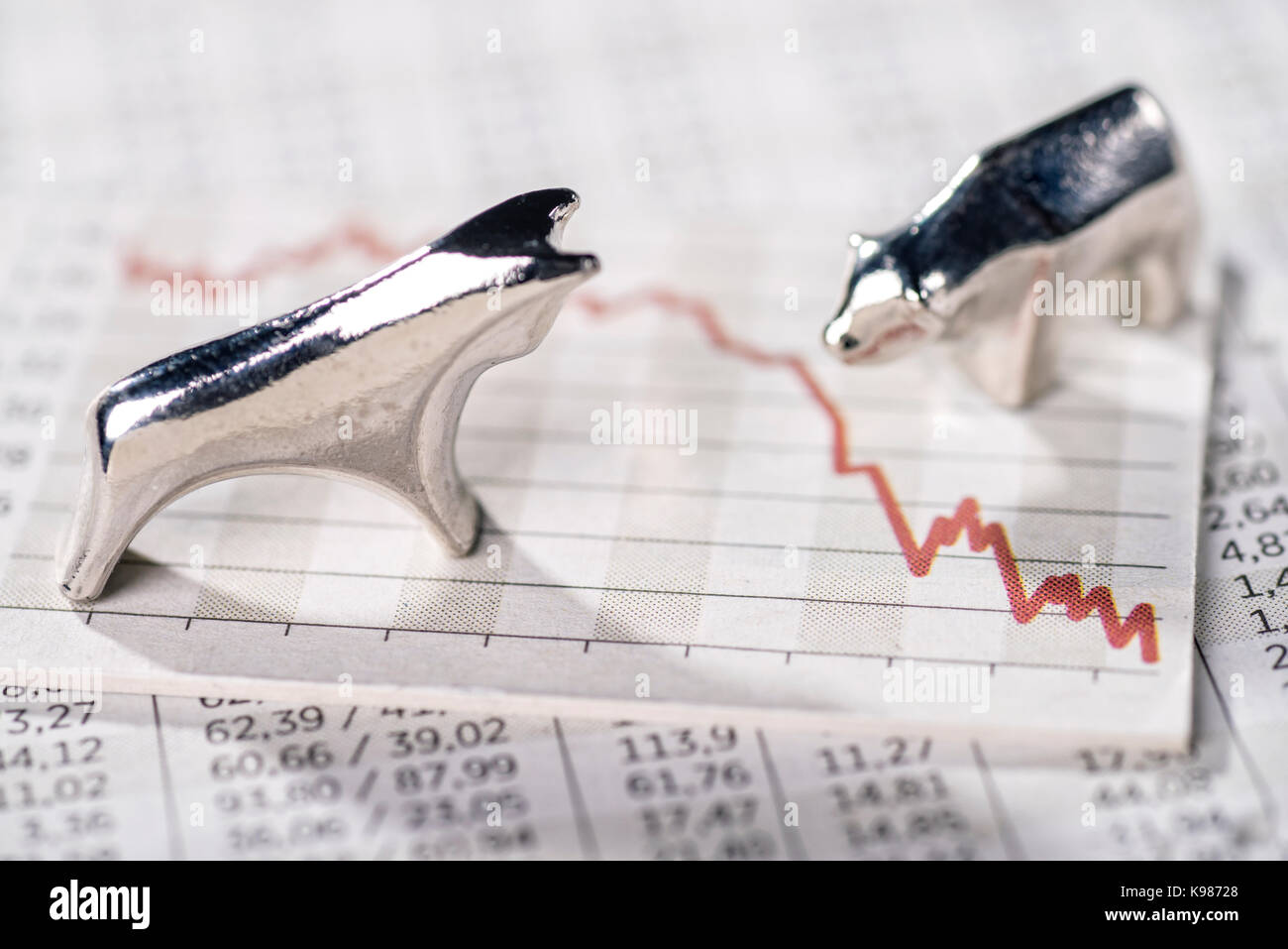 Bull and Bear et un graphique avec une courbe de chute. Banque D'Images