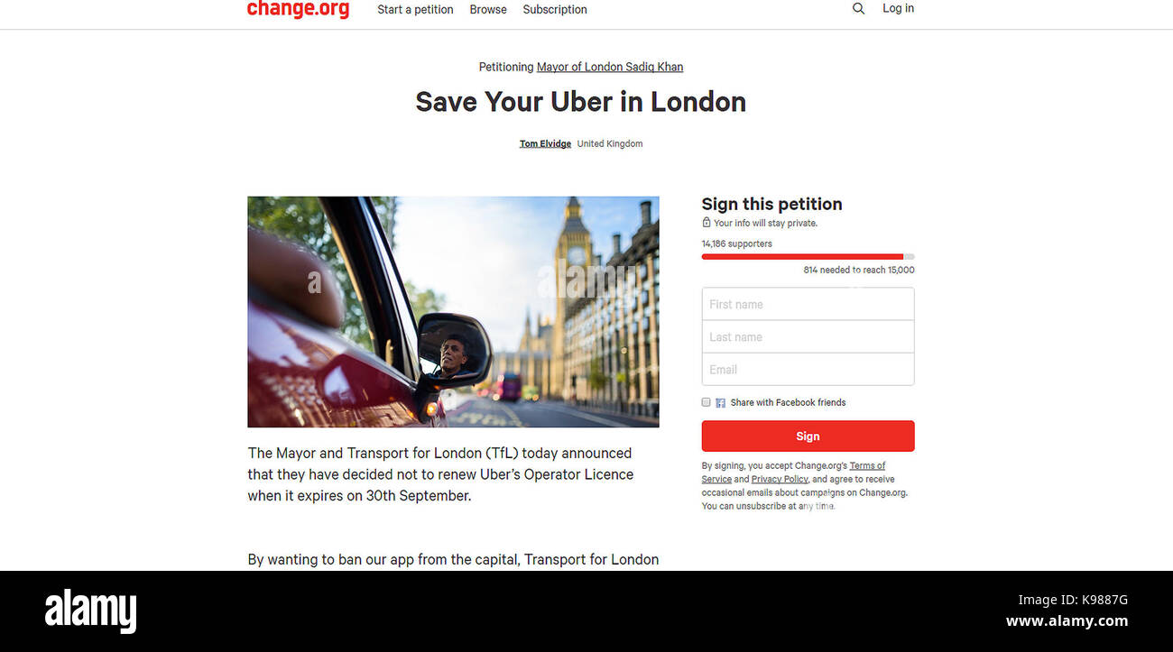 Afp d'une pétition mise en place par uber après Transport for London a déclaré que l'entreprise ne sera pas émise par une nouvelle licence et n'était "pas bon" pour l'exploitation dans la capitale. Banque D'Images