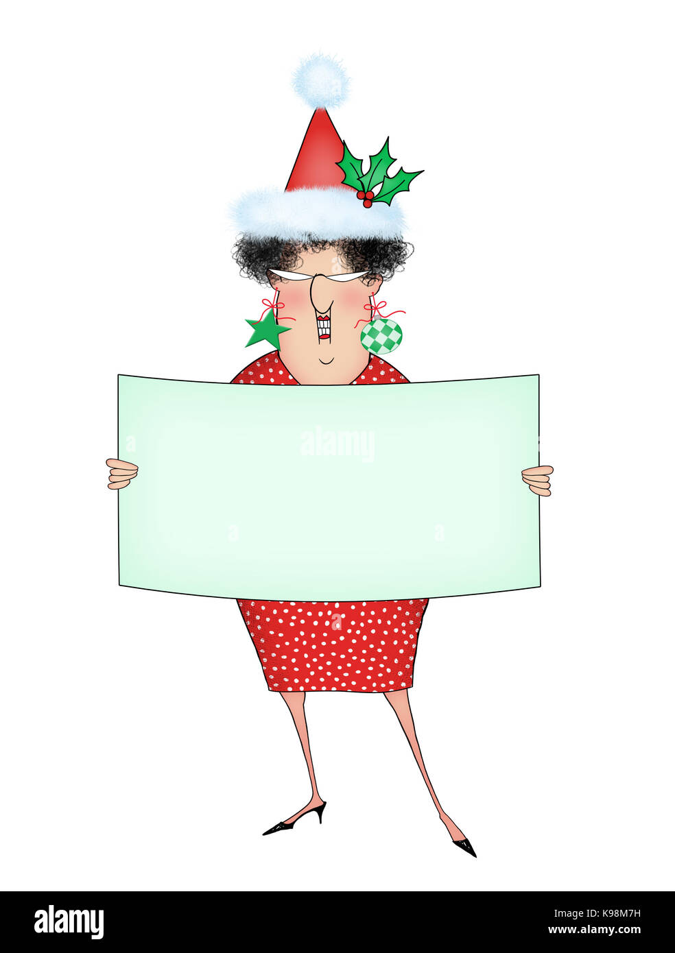L'humour drôle illustration d'une femme dans un chapeau de Père Noël tenant  une pancarte avec prix pour votre copie Photo Stock - Alamy