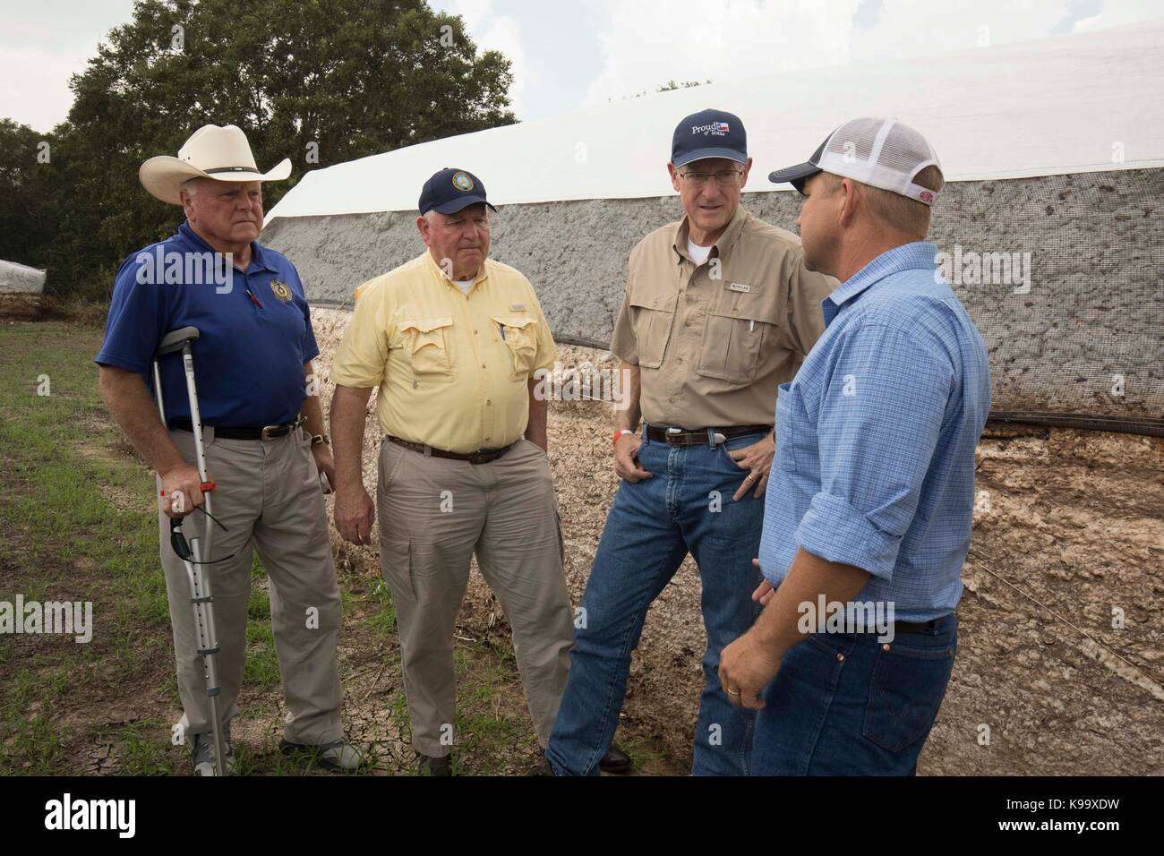 El Campo, USA. Sep 21, 2017. secrétaire de l'agriculture des États-Unis sonny perdue (chemise jaune), président de l'agriculture de la chambre mike conaway (tan) et le Texas la commissaire à l'agriculture, sid miller (bleu) d'exploitations de coton ravagé par l'ouragan Harvey il y a trois semaines. à la droite est agriculteur keith cresta. crédit : bob daemmrich/Alamy live news Banque D'Images