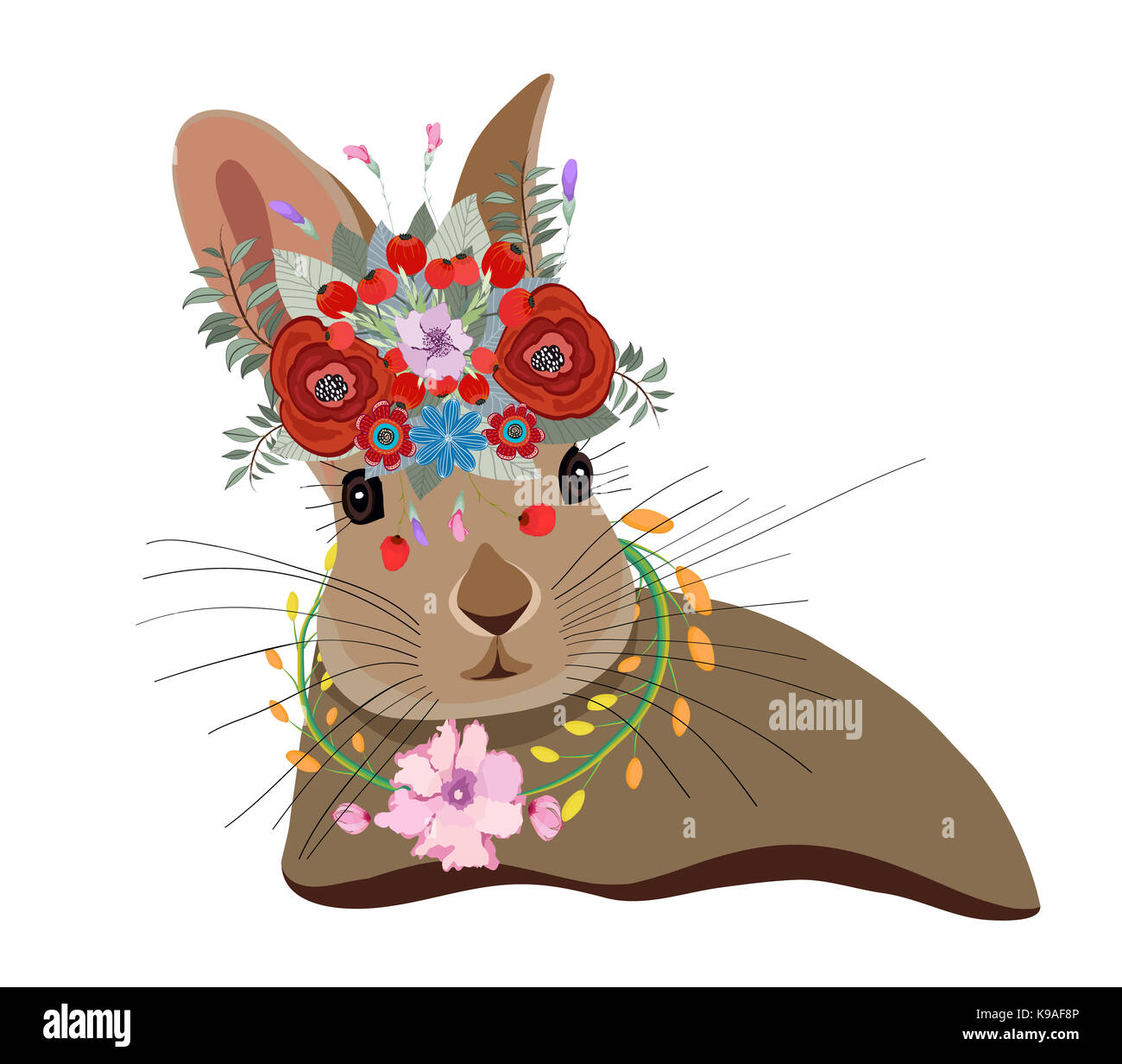 Carte mignon avec de belles lapin. lapin dans une guirlande de fleurs Banque D'Images