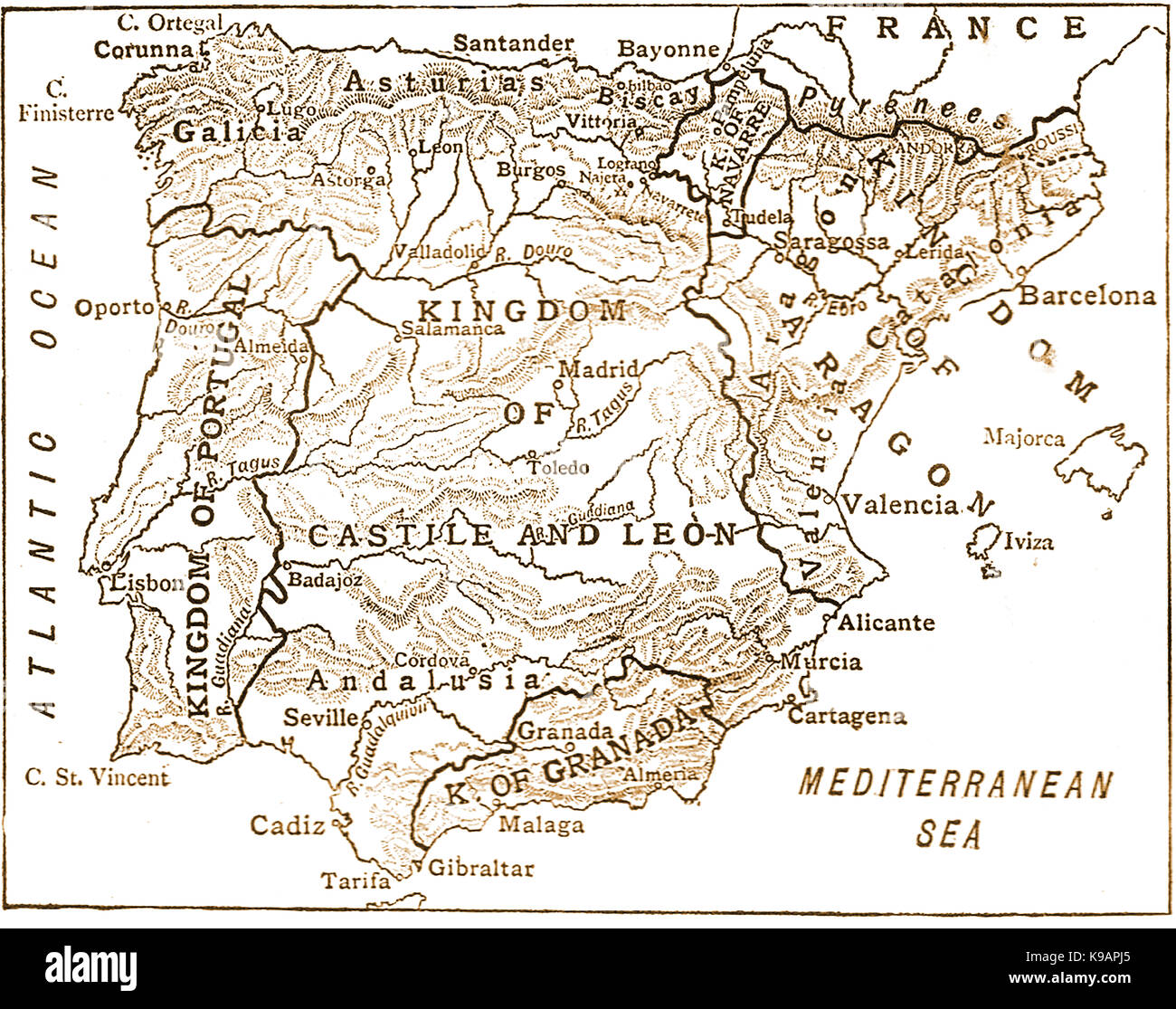 1910 Une carte montrant les royaumes d'Espagne au cours de la période 1263-1492 - Espagne 11e siècle au 13e siècle, y compris le Portugal Banque D'Images