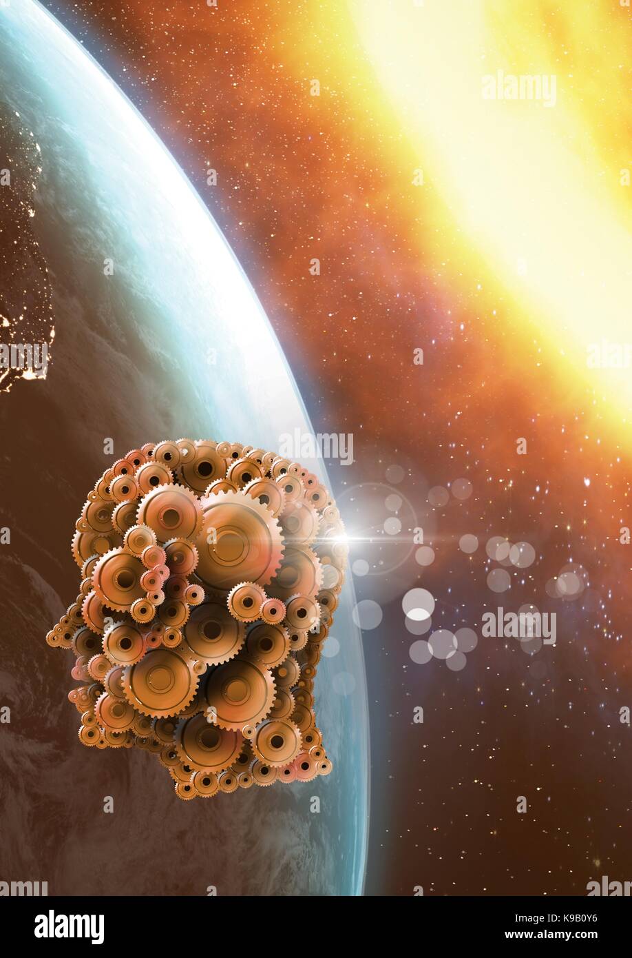 Digital composite de Cog, tête dans l'univers d'or près de Sun Banque D'Images