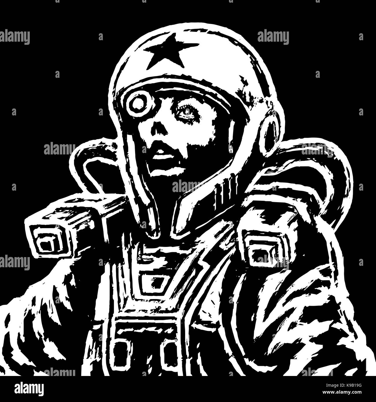 L'héroïne de l'astronaute dans l'espace couleur. vector illustration. la science-fiction illustration en noir et blanc. dessin numérique à main levée. Illustration de Vecteur