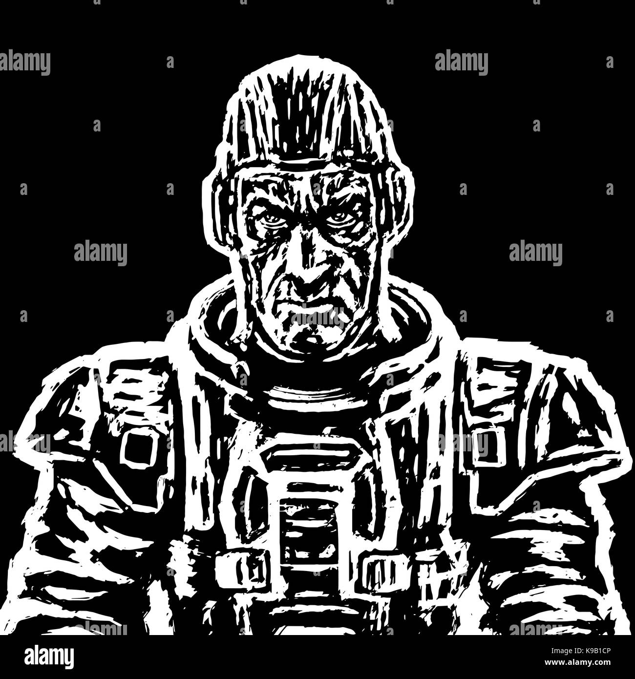 Ancien cosmonaute dans une combinaison spatiale sans casque en noir et blanc couleurs. vector illustration. face héroïque. la science-fiction. caractère sérieux. Illustration de Vecteur