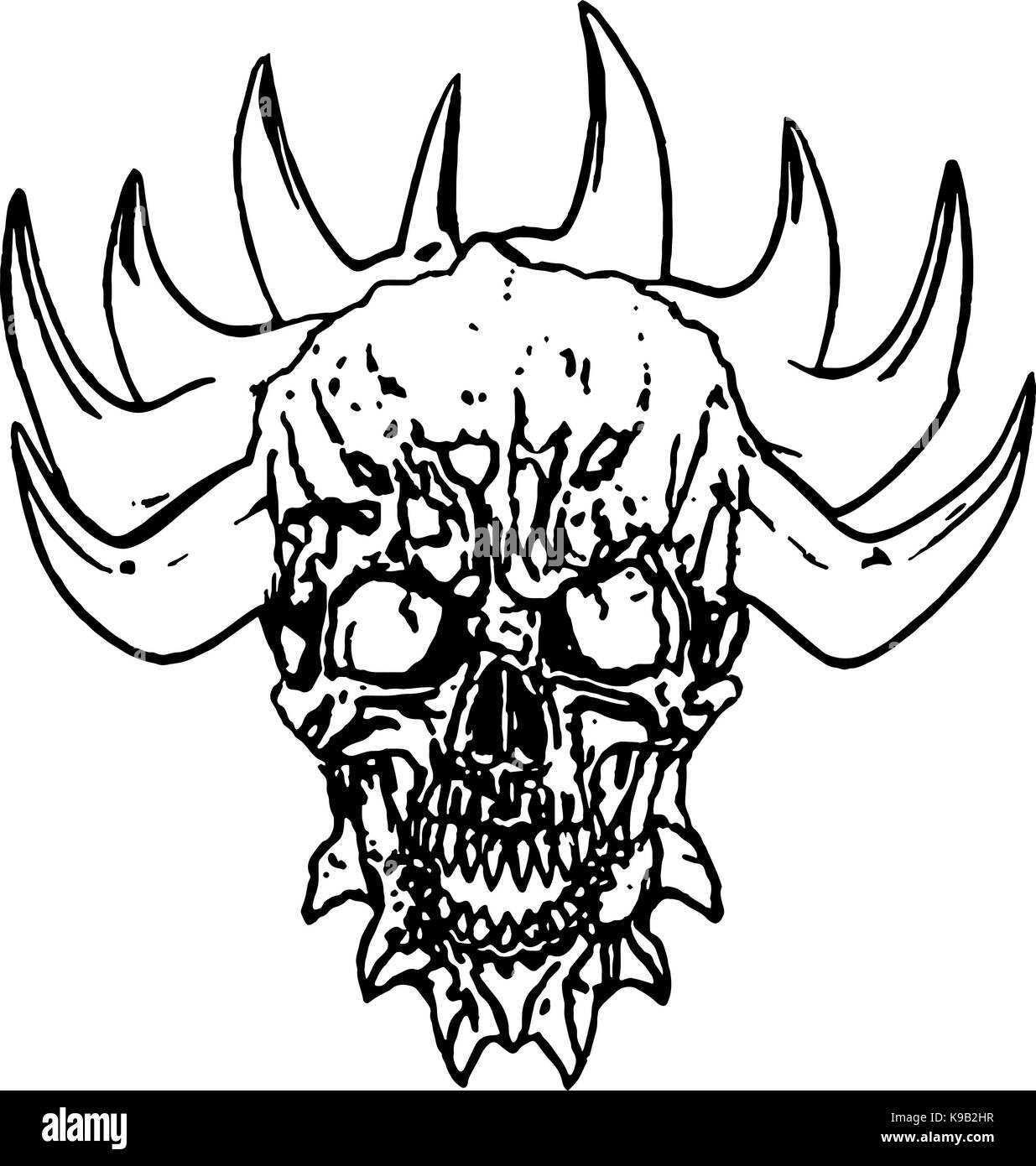 Démon apocalyptique crâne avec cornes. vector illustration fond blanc. Illustration de Vecteur