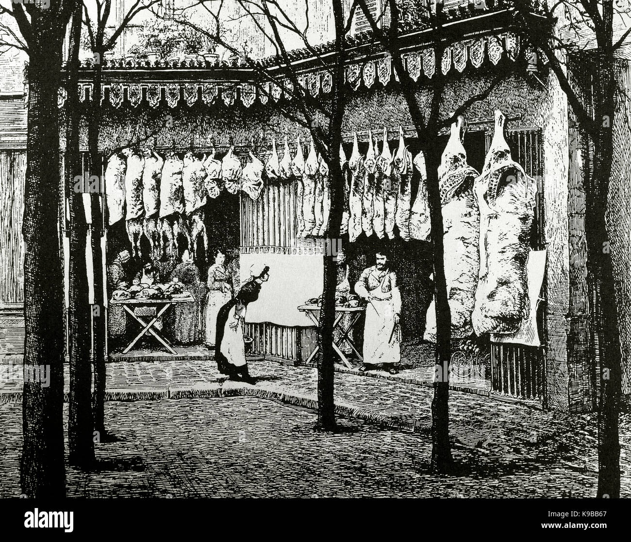 La France. Paris. Boucherie dans Les Halles. La gravure. 19e siècle. Banque D'Images