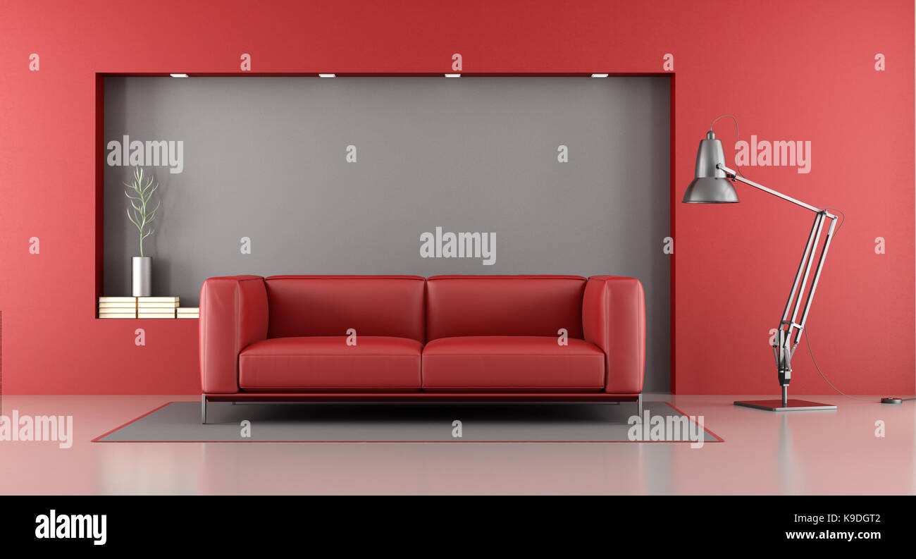 Minimaliste rouge et gris salon avec canapé et lampe de plancher - le rendu 3D Banque D'Images