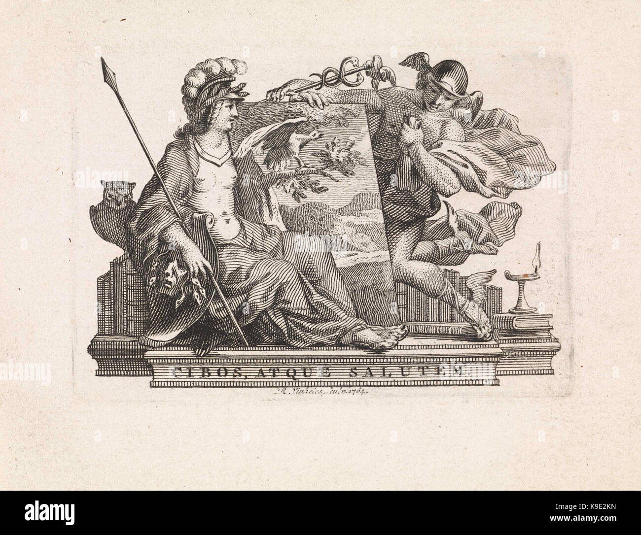 Minerva en Mercurius bij een schilderij boeken en OD, een vogel en een landschap Banque D'Images