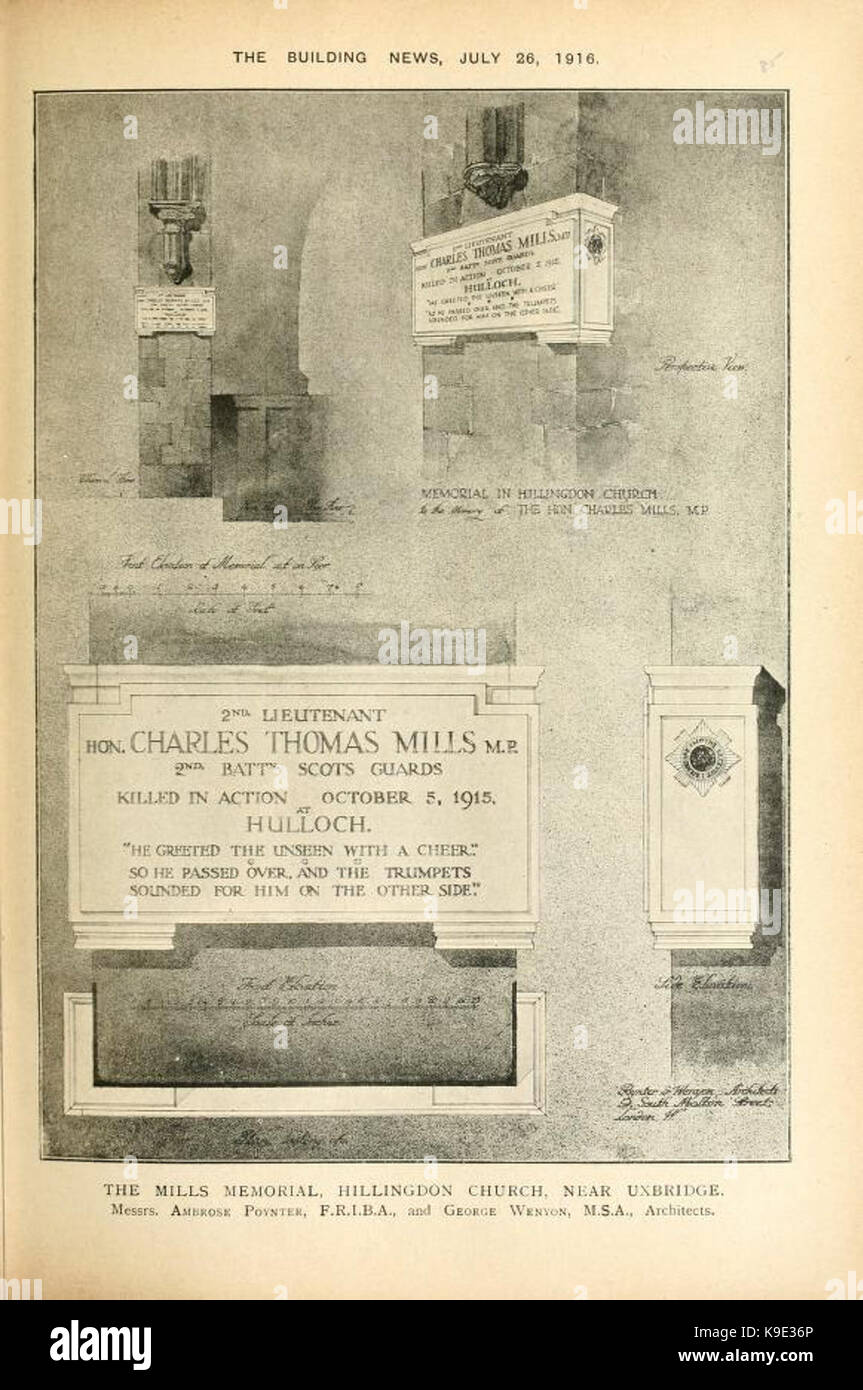 Mills Memorial à Hillingdon, le bâtiment News 26 Juillet 1916 Banque D'Images