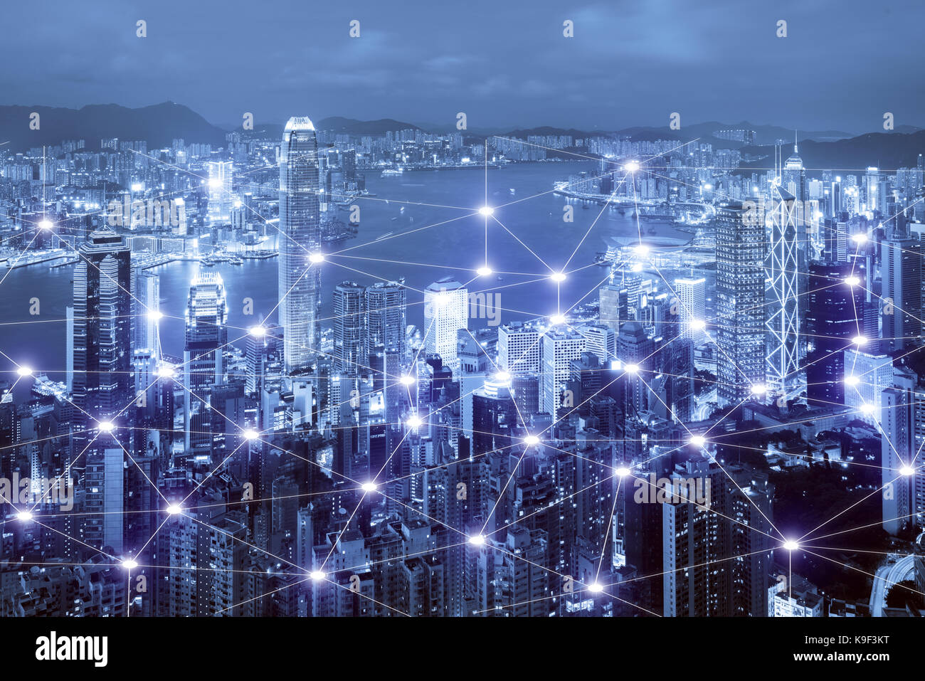 Système de connexion réseau business sur hong kong city scape en arrière-plan. network business concept connexion Banque D'Images