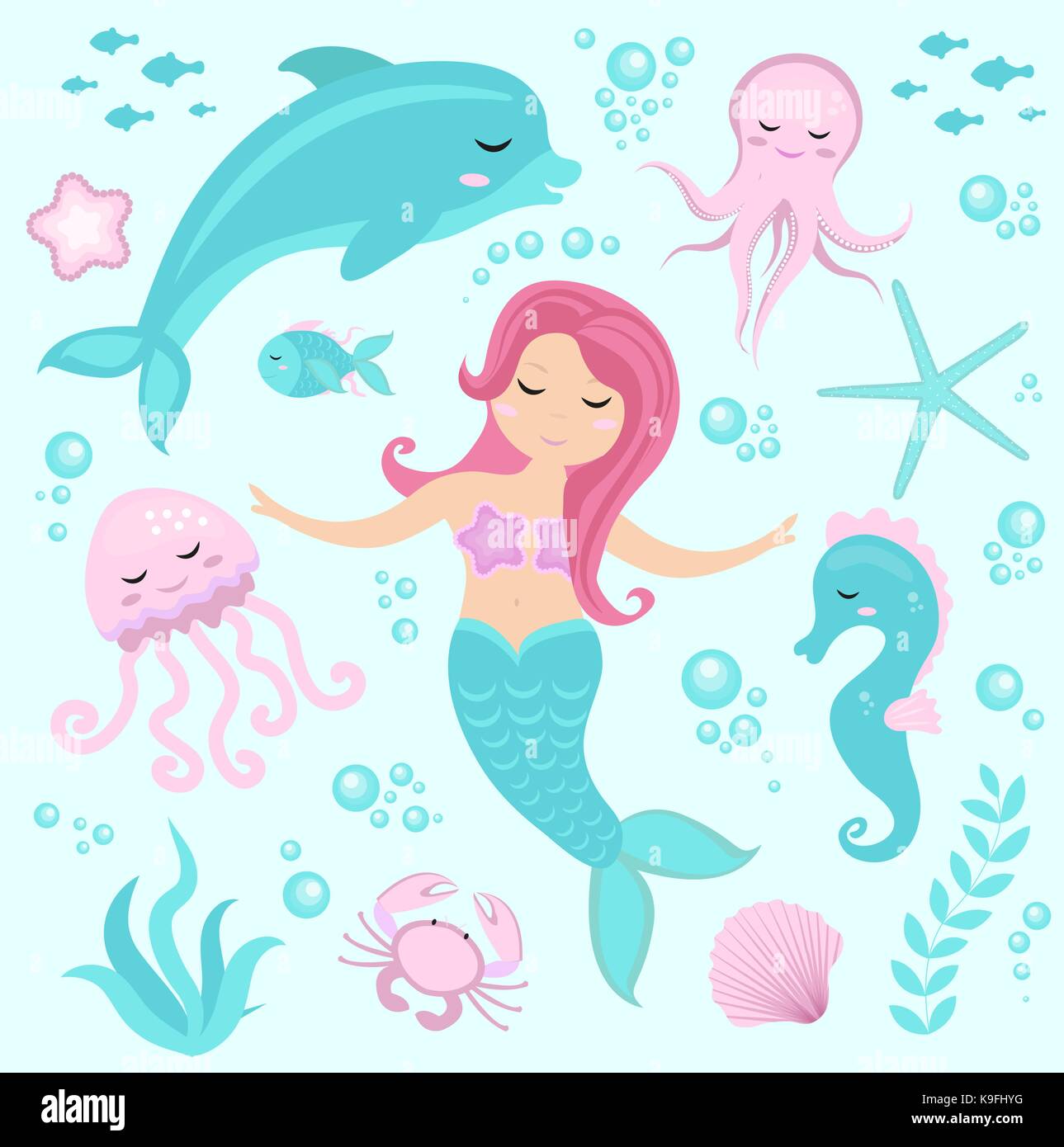 Cute Little Mermaid jeu et monde sous-marin. la princesse de conte de sirène et dauphin, pieuvre, hippocampe, poisson, méduses. sous l'eau dans la mer marine mythique collection. Illustration de Vecteur