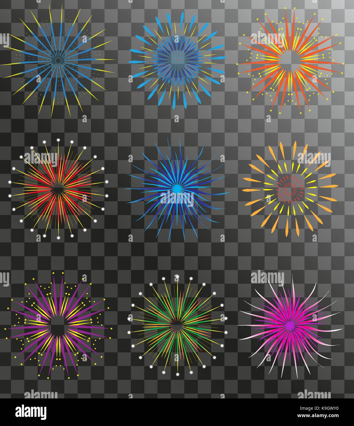 Jeu d'artifice réaliste isolé sur un fond transparent. maison de vacances parti et icônes d'artifice collection. vector illustration. Illustration de Vecteur