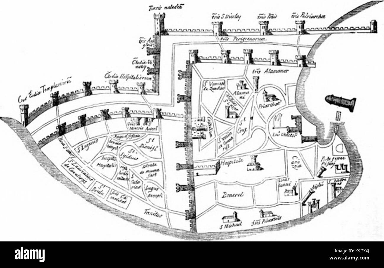 P219 Plan de la ville d'Acre au 14e siècle Banque D'Images