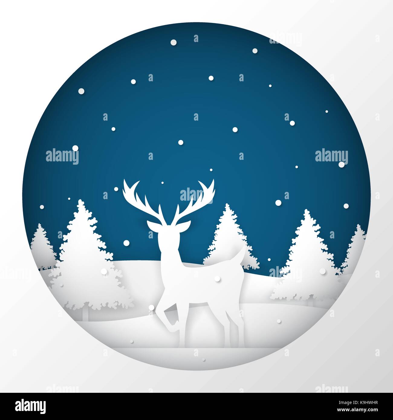 Debout cerfs dans un champ de neige dans la nuit de Noël. Joyeux Noël arrière-plan. Illustration de Vecteur