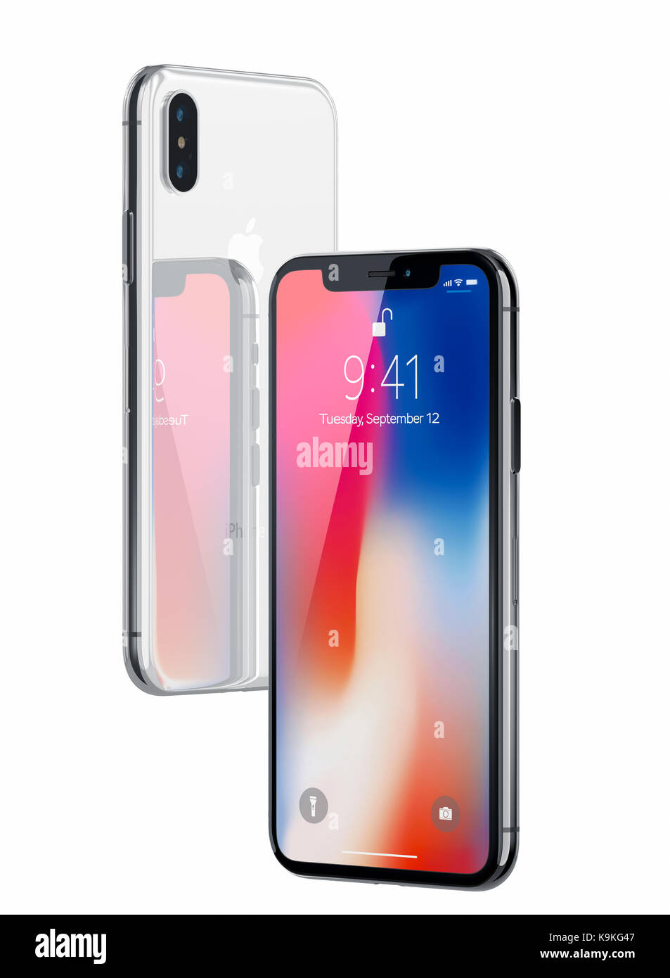 Galati, Roumanie - 20 septembre 2017 : 3D render of a deux nouveaux iphone x (dix) image éditoriale d'illustration, sur fond blanc gris argent et espace. je Banque D'Images