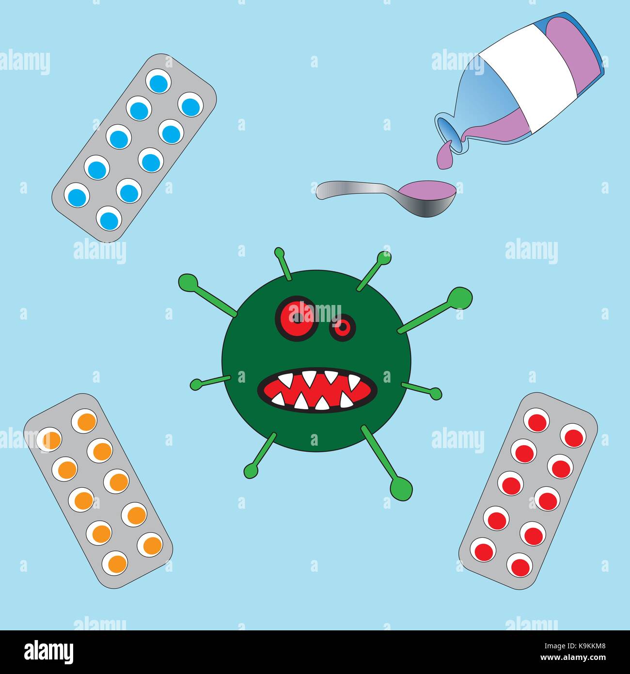 Une illustration sur un thème médical. La confrontation des médicaments et les microbes. Illustration de Vecteur