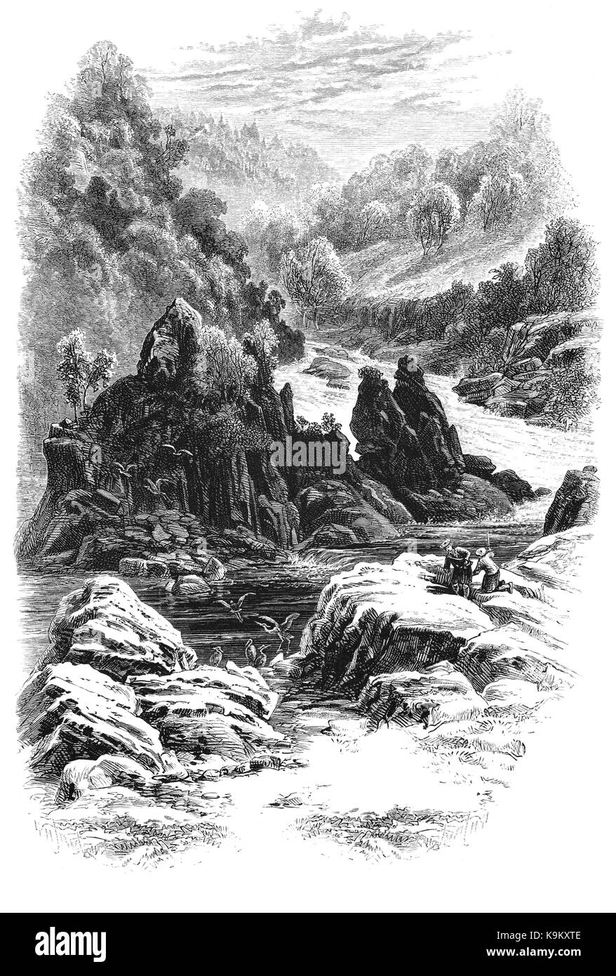 1870 : les pêcheurs à la ligne dans la rivière, un Dhruim-gorge en paroisse Kilmorack, traversée par la rivière Beauly. Il est entouré de montagnes abruptes, vêtu avec le bouleau et le pin, et le long de la rivière bordée par la Brinks, aulnes, chênes et bouleaux pleureur, Inverness-shire, Scotland Banque D'Images