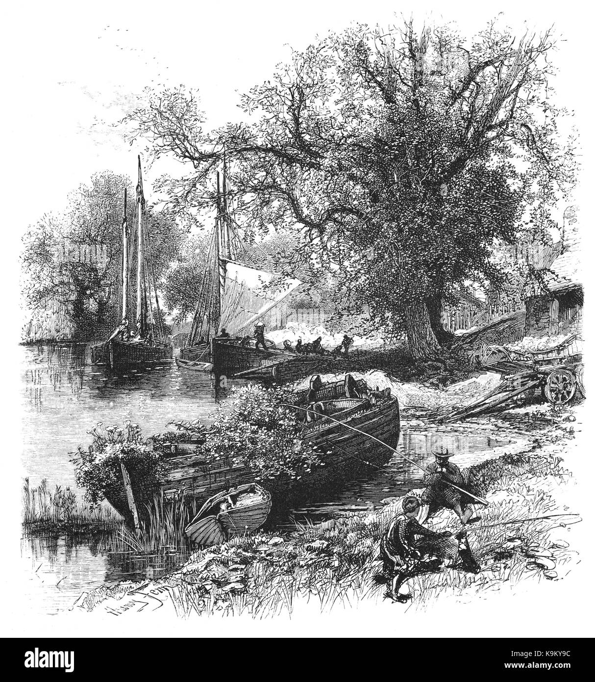 1870 : les pêcheurs près de la Comtesse Weir sur la rivière Exe, nommé d'après la Comtesse de Devon, qui avait fait construire en 1284 pour empêcher les navires voyageant en amont. Près d'Exeter, Devon, Angleterre Banque D'Images