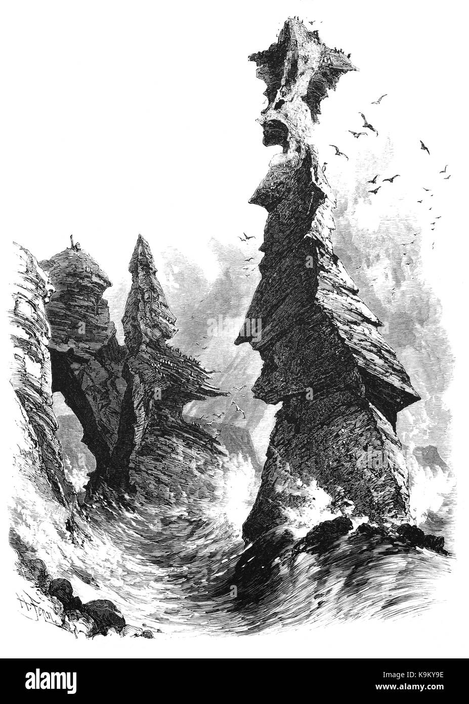 1870 : Le 'Parson et greffier', deux piles de la mer près de Exmouth, une ville sur la côte sud du Devon en Angleterre. Nommé d'après la légende locale concernant l'évêque d'Exeter qui est allé à la ville de rétablir sa santé. Cependant, un prêtre local ambitieux visant à réussir l'évêque. Une nuit, dans une terrible tempête, le prêtre et son greffier ont perdu leur chemin. Un cavalier de passage se sont portés volontaires pour les guider après avoir visité le Horseman's Mansion et profiter de son hospitalité. C'est alors que la nouvelle de la mort de l'évêque est arrivé. Le prêtre immédiatement à gauche avec le greffier, mais les chevaux ont refusé de se déplacer. L'arrière Banque D'Images