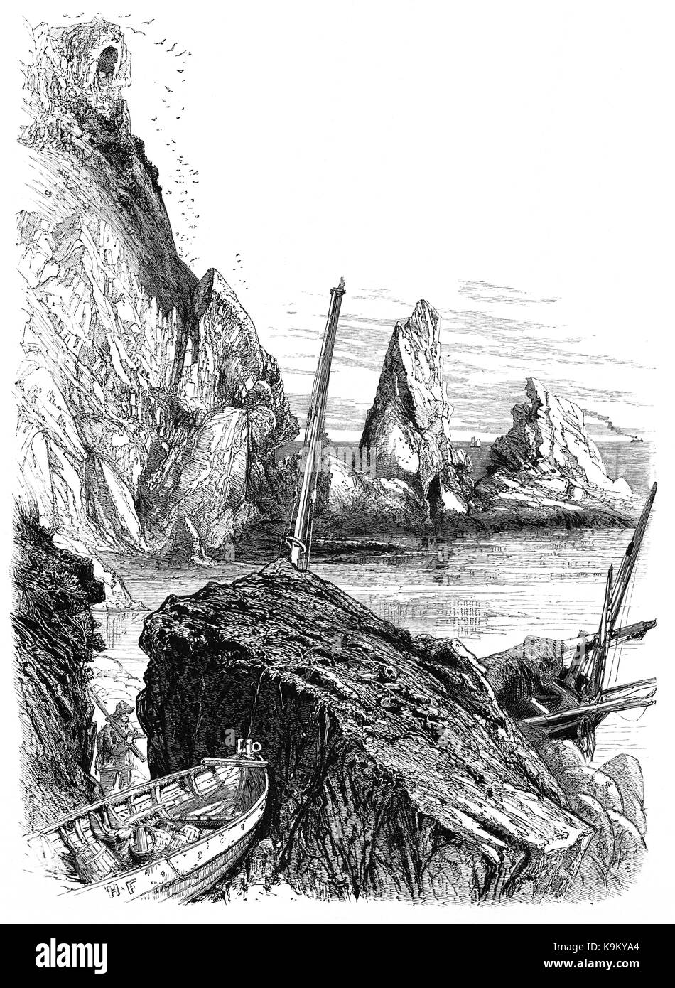 1870 : un pêcheur qui collecte son bateau a été entraîné à Anstey's Cove aka Anstis Cove, une plage de galets située sur le sentier côtier entre Torquay et Babbacombe, Devon, Angleterre Banque D'Images