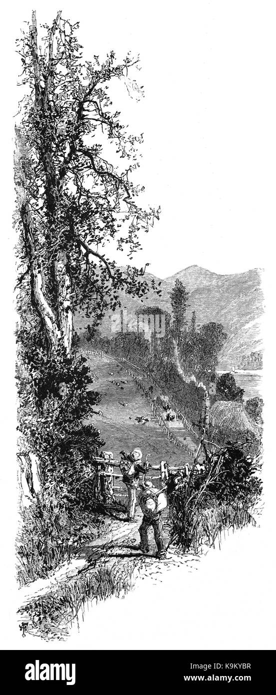 1870 : les marcheurs randonnée dans la vallée de la rivière Dart, Devon, Angleterre Banque D'Images 1870 : les marcheurs randonnée dans la vallée de la rivière Dart, Devon, Angleterre Banque D'Images