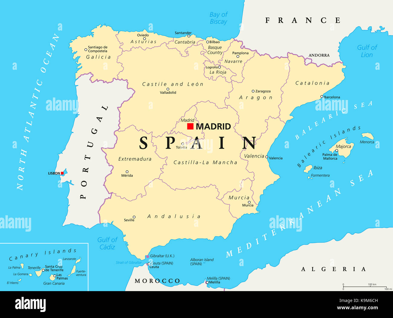 Divisions administratives carte politique de l'Espagne. communautés autonomes et leur capitale. L'organisation territoriale, les municipalités et les provinces. Banque D'Images
