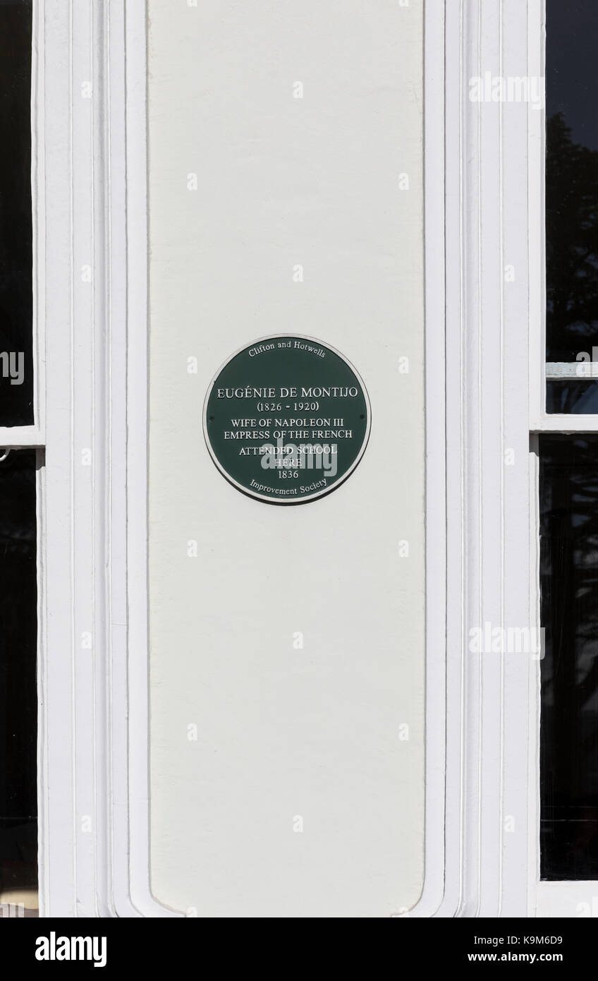 Plaque verte Eugénie de Montijo, Royal York Crescent, Clifton, Bristol, Angleterre, Royaume-Uni Banque D'Images