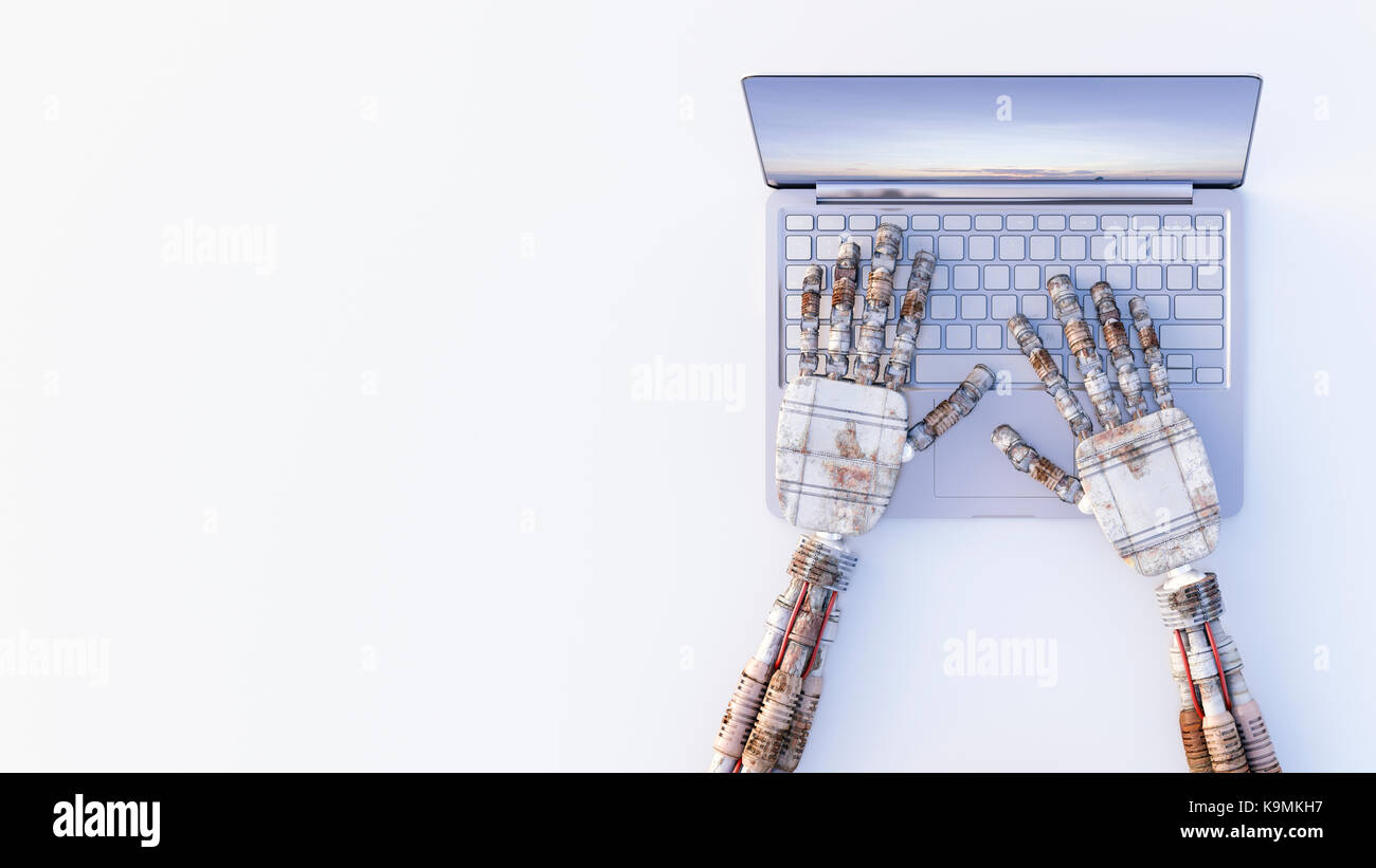 Robot hands typing on a laptop Banque D'Images