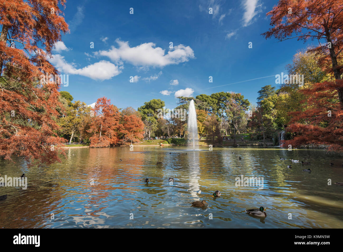 Vue panoramique de l'automne du parc El Retiro, à Madrid, Espagne. Banque D'Images