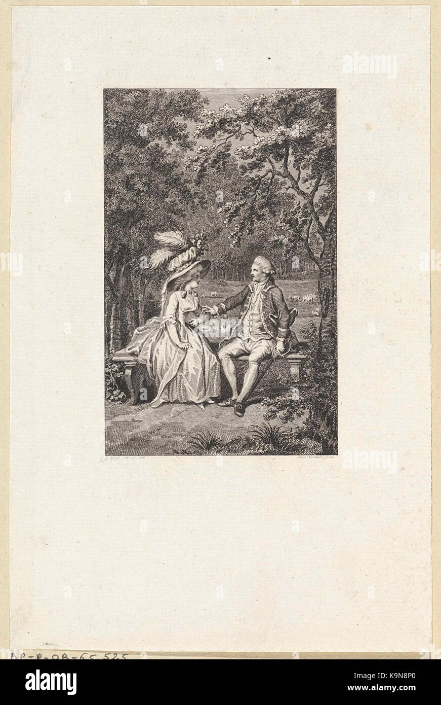 Paar zittend op een bank in a park a rencontré schapen en zwanen Banque D'Images