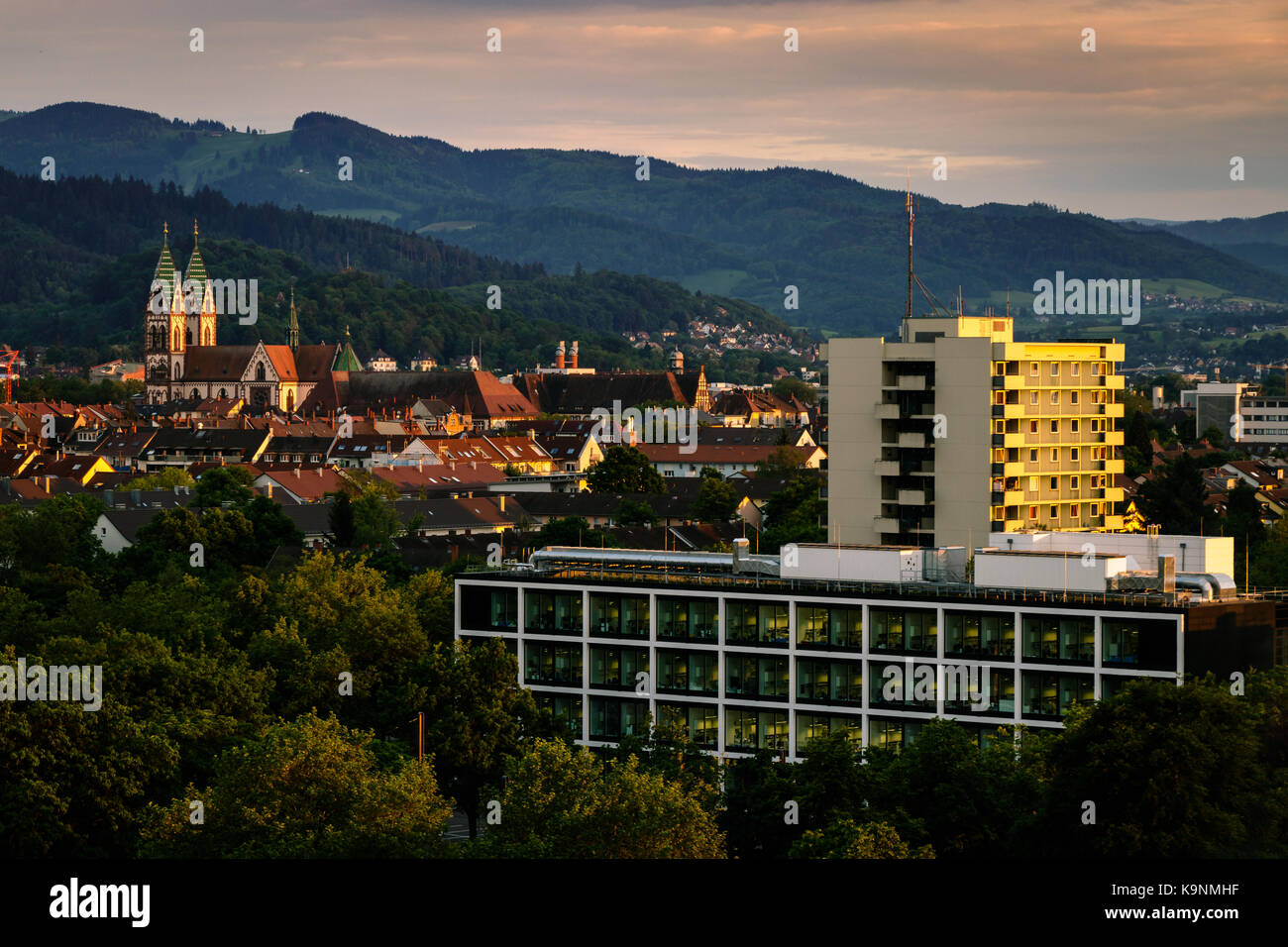 Vue sur le coucher du soleil depuis l'université jusqu'à la forêt noire de Fribourg-en-Brisgau Banque D'Images