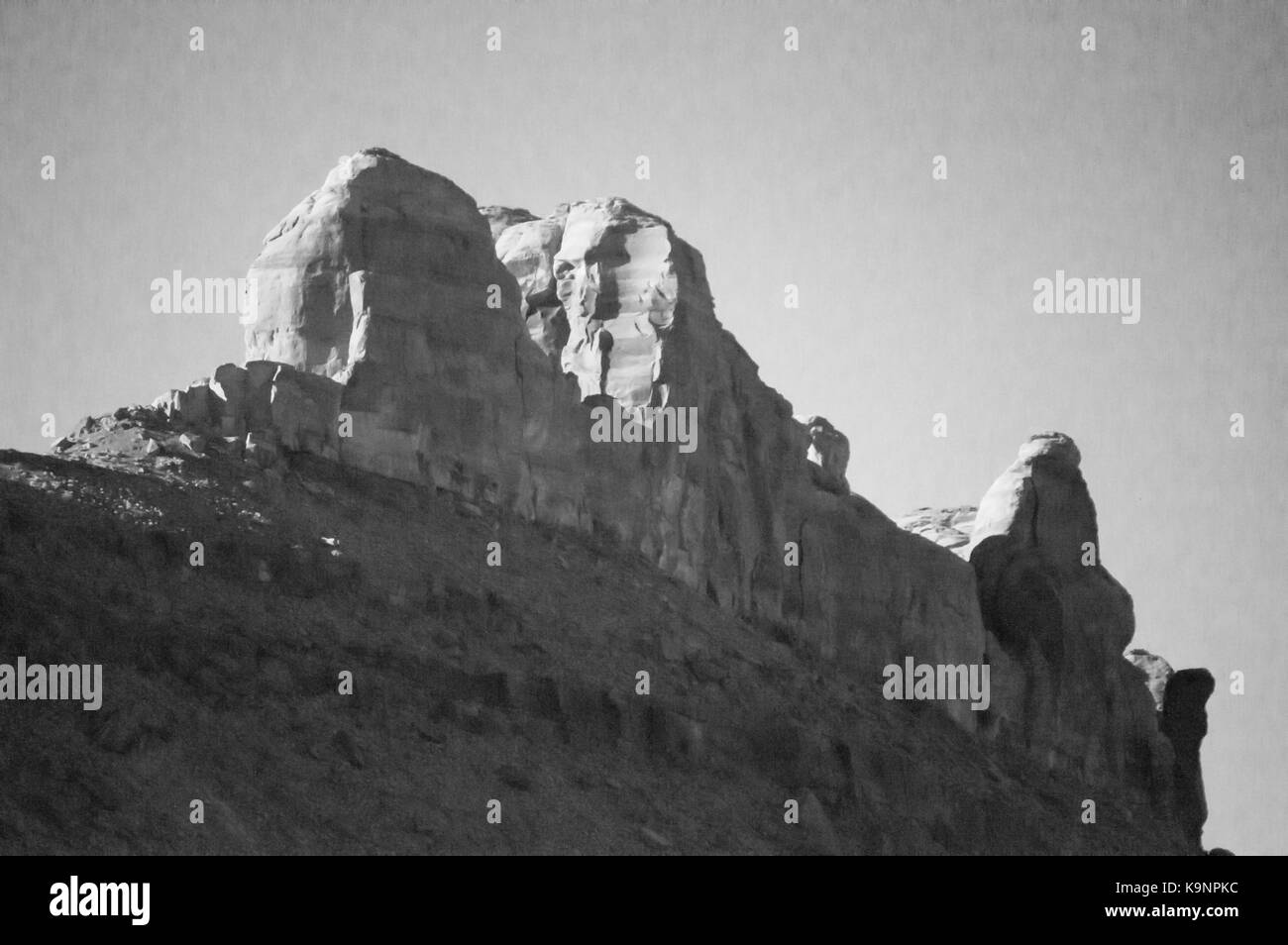 Une vieille photo en noir et blanc d'une formation rocheuse dans l'Utah. Banque D'Images