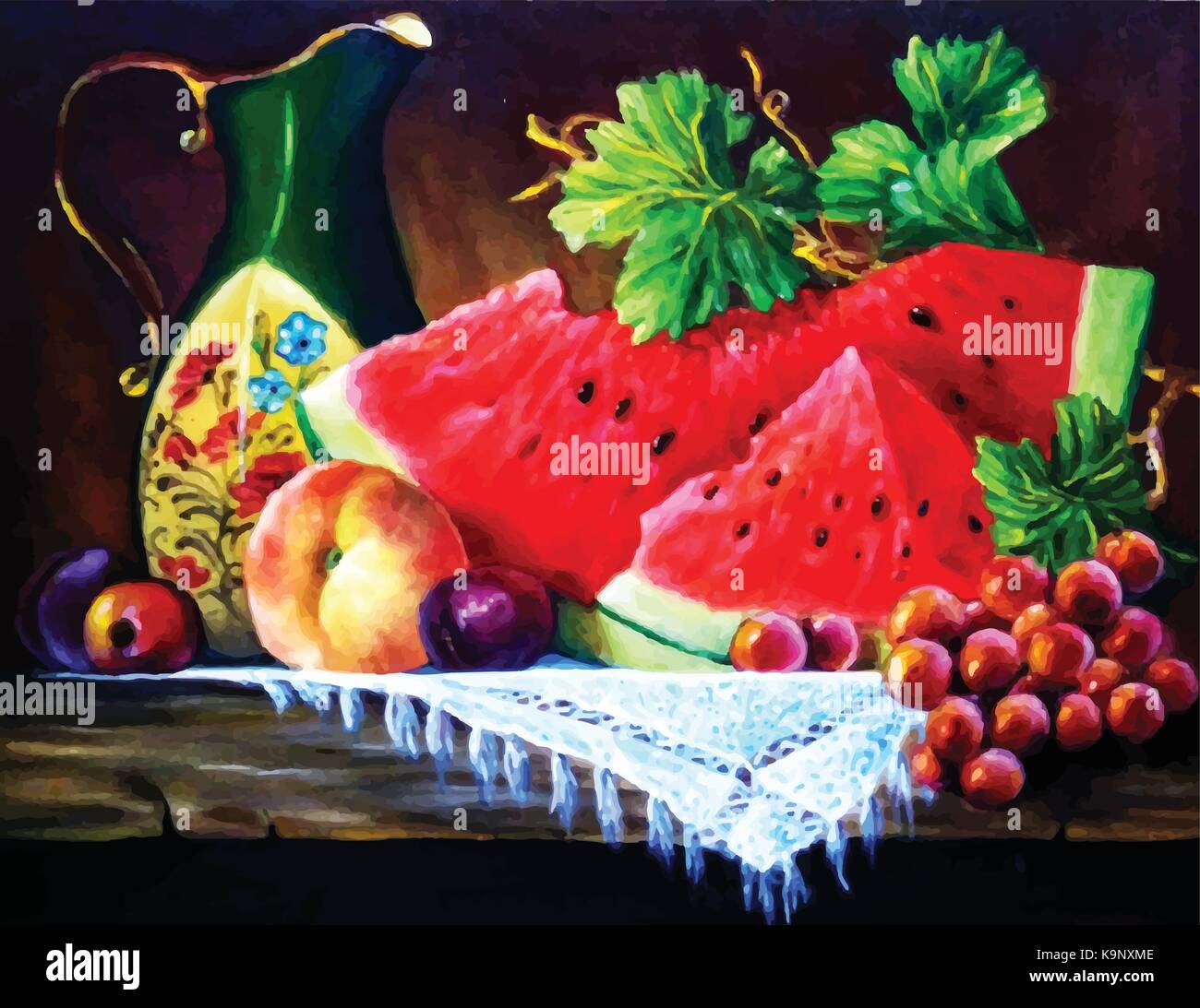 Nature morte avec raisins, melon d'eau des fruits. et les pommes Illustration de Vecteur