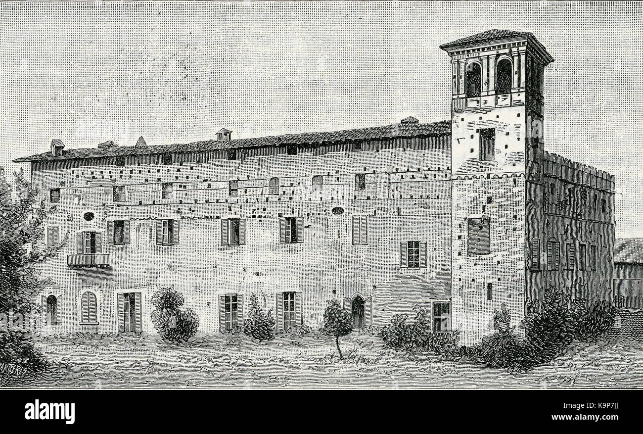 Pinarolo Po antico Castello dei Malaspina di xilografia Barberis Banque D'Images