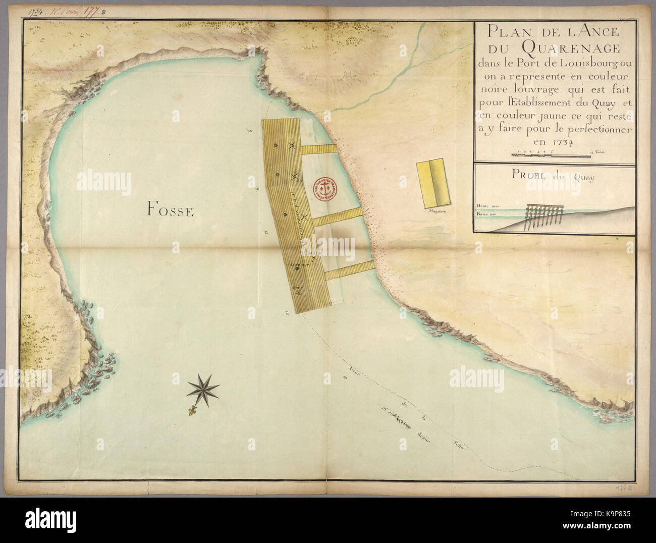 Plan de l'Ance du Quarenage dans le port de Louisbourg ou sur un represente en couleur noire l ouvrage qui est fait pour l'etablissement du quai et en couleur jaune ce qui reste a y faire Banque D'Images