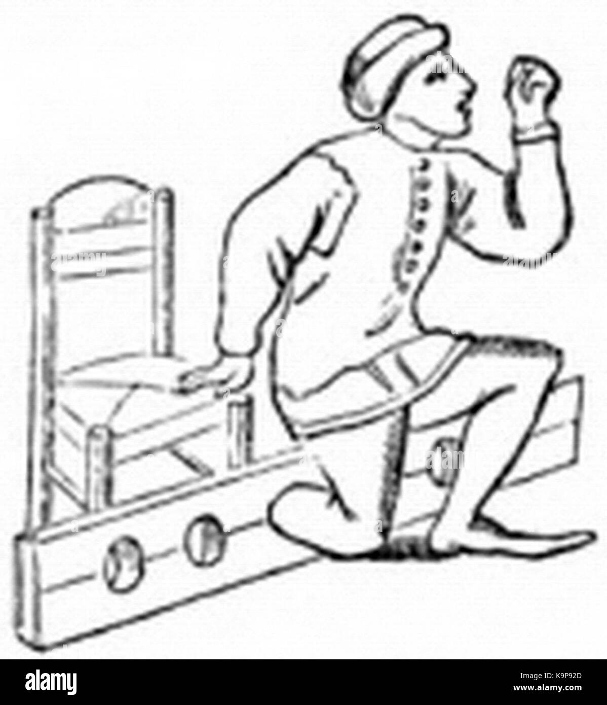 Illustration ou photographie représentant les stocks du XIIIe siècle, une forme de punition utilisée pendant la période médiévale, montrant sa conception et son utilisation dans des contextes historiques. Banque D'Images
