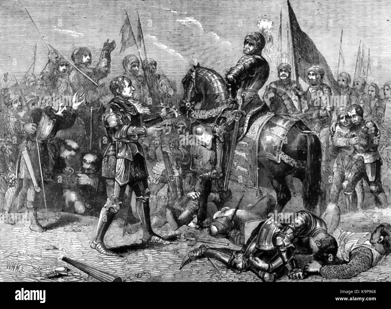 La bataille de Bosworth Field, livrée le 22 août 1485, est un conflit crucial dans l'histoire anglaise, marquant la fin des guerres des deux-Roses et le début de la dynastie Tudor avec la victoire d'Henri VII. Banque D'Images
