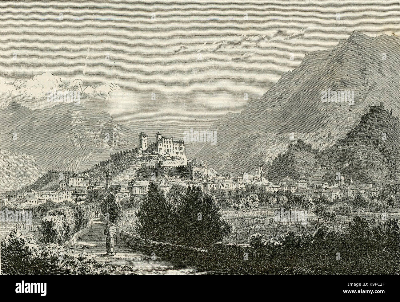 Xilografia di Bellinzona Panorama Banque D'Images