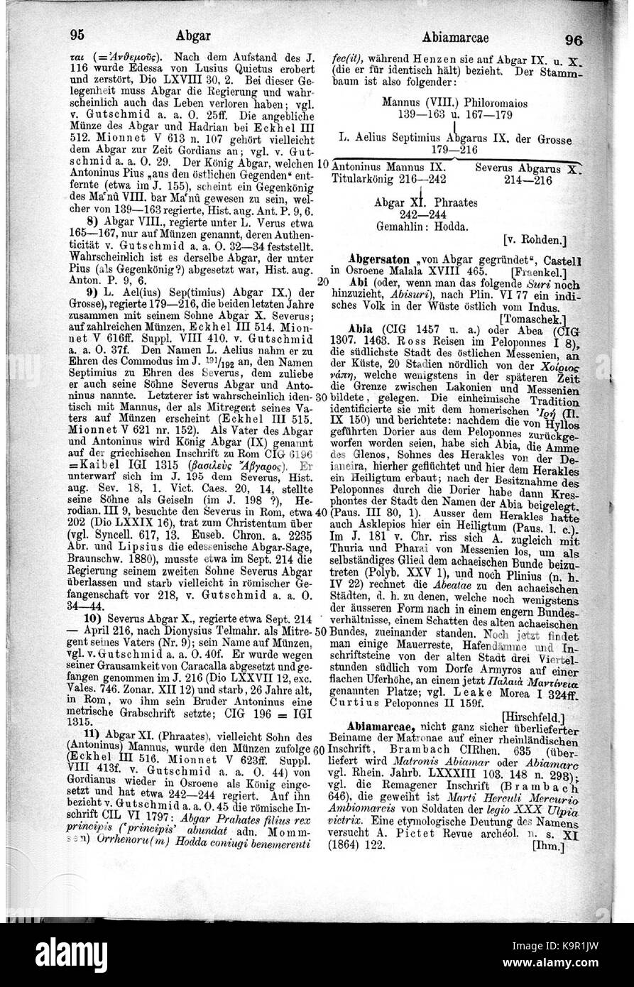 Le travail de Pauly Wissowa, référencé comme 'I,1, 0095', fait partie de ses contributions significatives à l'érudition classique, se concentrant sur l'histoire et la culture anciennes, en particulier l'Empire romain. Banque D'Images