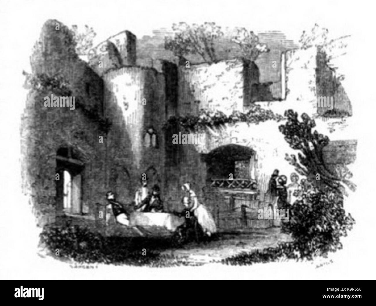 Cette scène des années 1840 représente un pique-nique au château de Netley, reflétant les activités de loisirs victoriennes et les coutumes sociales de l'époque. Le château de Netley, situé en Angleterre, était un endroit populaire pour les événements en plein air au cours du 19ème siècle. Banque D'Images