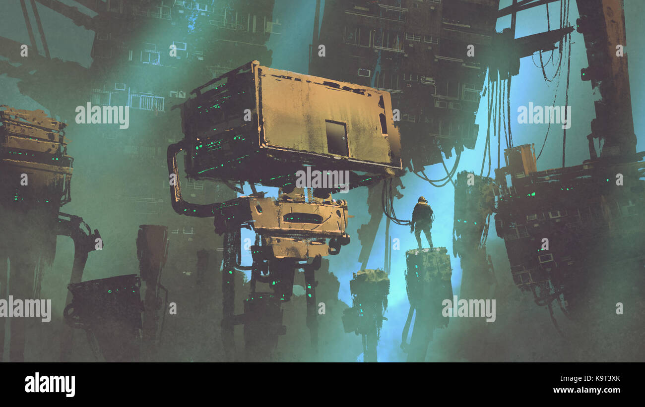 Paysages de science-fiction de l'homme dans abandonné ville futuriste avec des bâtiments étranges, art numérique, peinture style illustration Banque D'Images