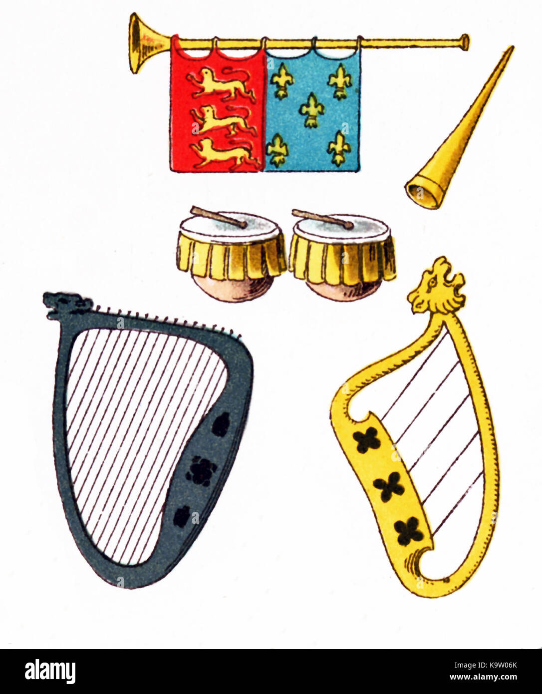 Les instruments de musique illustré ici date de l'Europe entre 1200 et 1300. En haut sont deux trompettes. Au milieu sont deux électrique batterie. Au bas sont deux harpes.Cette illustration dates pour 1882. Banque D'Images