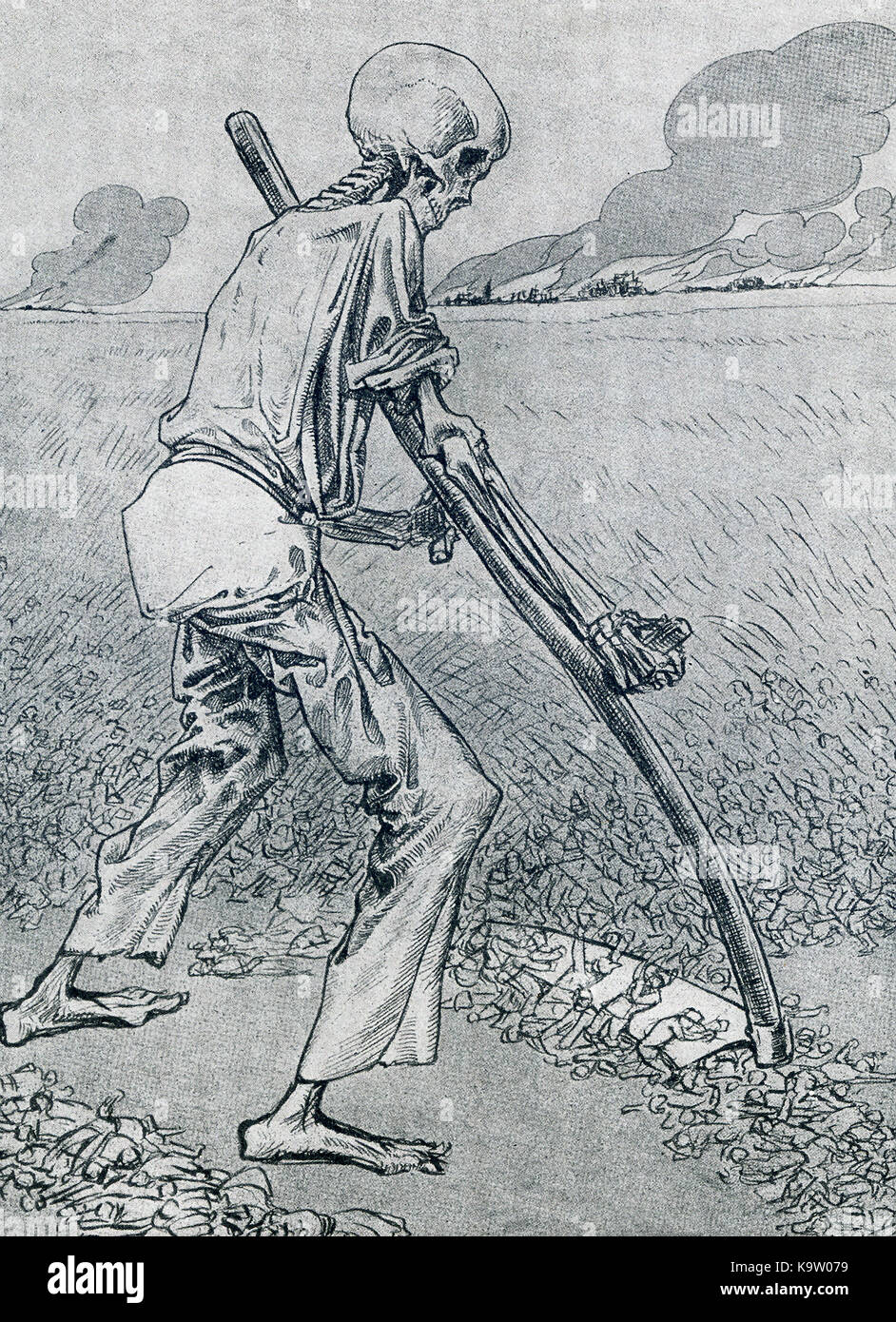 Cette illustration, une caricature, les dates de 1917. Il montre la mort avec une faucille, le fauchage des soldats pendant la Première Guerre mondiale. Banque D'Images