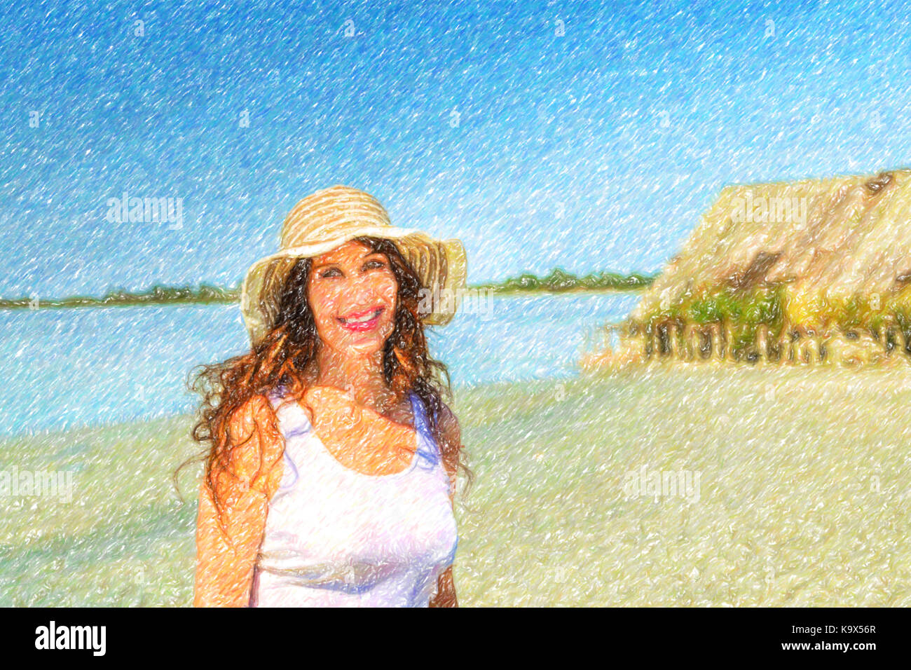 Jolie femme mature busty en très bon état avec large hat sur une plage de split sun avec paillote Banque D'Images