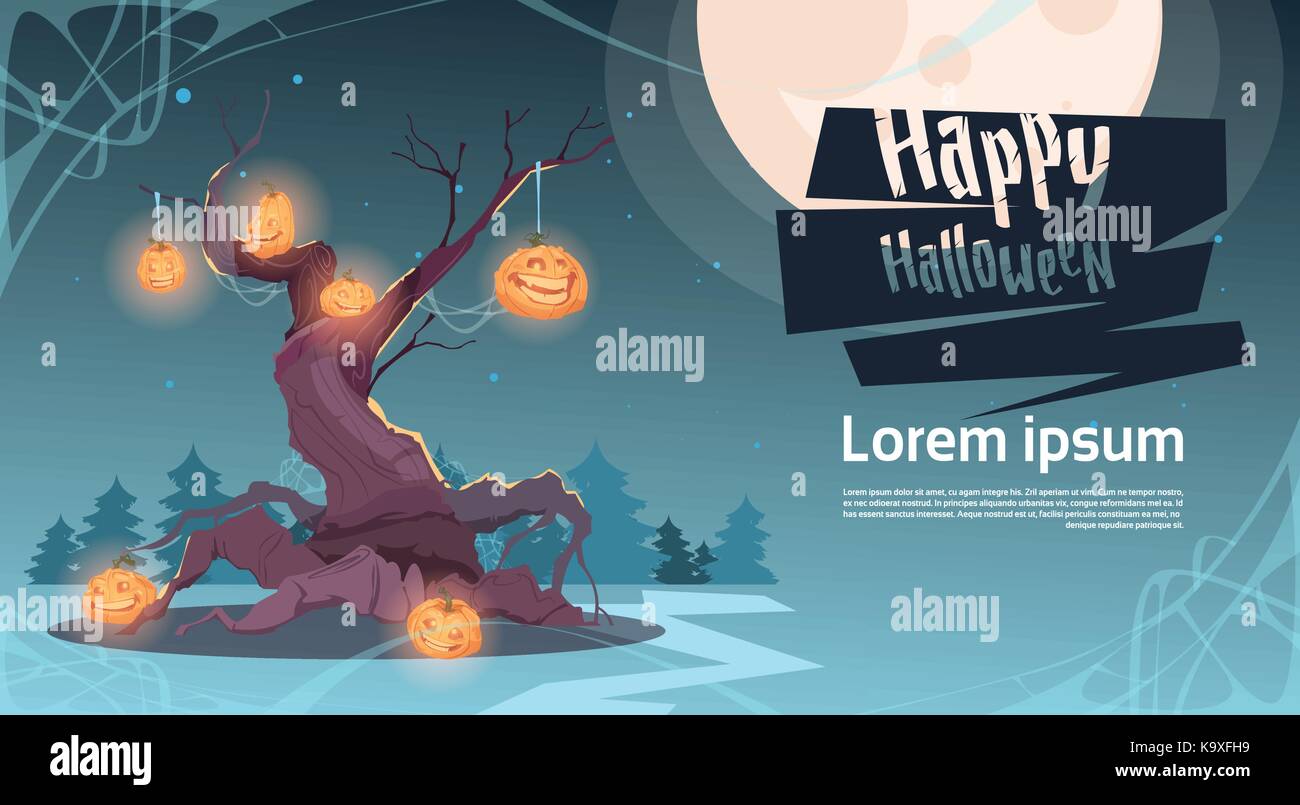 Happy Halloween party banner pumpkins hanging on tree décoration traditionnelle holiday Greeting card Illustration de Vecteur