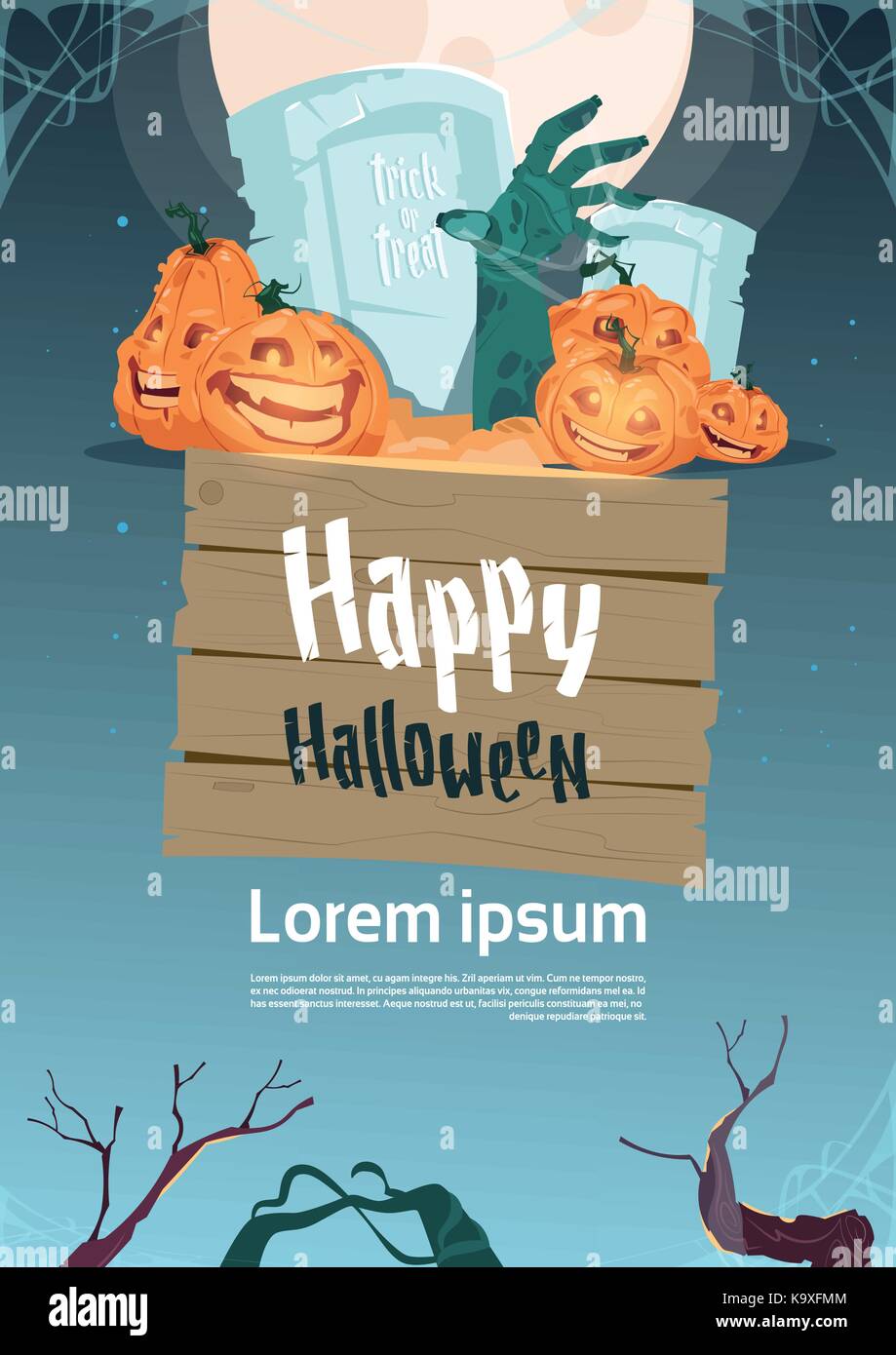 Happy Halloween party banner pumpkins sur traditionnel cimetière décoration vacances carte de souhaits Illustration de Vecteur